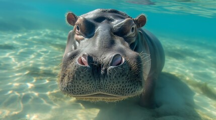 hippopotamus swimming under water - obrazy, fototapety, plakaty