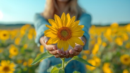 person holding sunflower with happy smiling face against clear sky