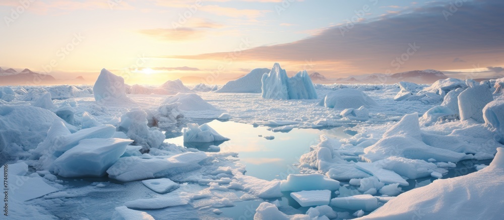 Aufkleber icebergs floating in the arctic ocean with a stunning sunset in the background creating a tranquil a