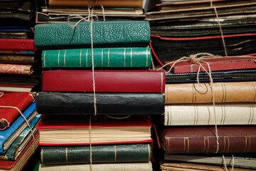A collection of old and worn books bound with twine, stacked in a haphazard fashion. 