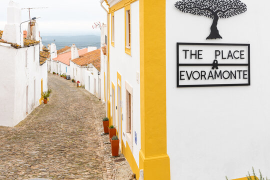 Street with white painted houses in the town of &Eacute;vora Monte, Estremoz, Portugal, November 19, 2019