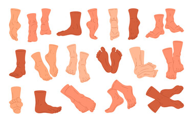 Bare human feet. Human barefoot legs in different poses, standing, walking and lying male or female legs flat vector illustration set. Back, front, side feet view