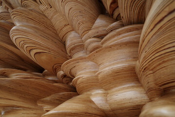 A close-up view of a complex, sculptural wooden structure with overlapping whorls and layered patterns showcasing the natural grain and texture of wood.  - obrazy, fototapety, plakaty
