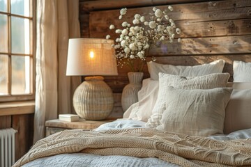 Cozy rustic bedroom interior with warm bedside lamp and textured linens