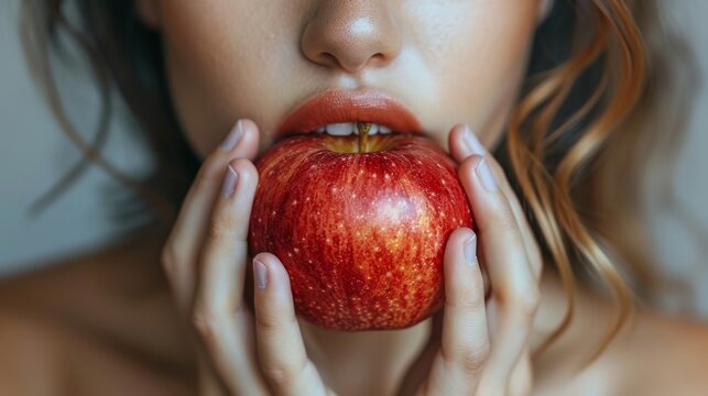 Close-up view of a woman biting into a fresh, juicy red apple