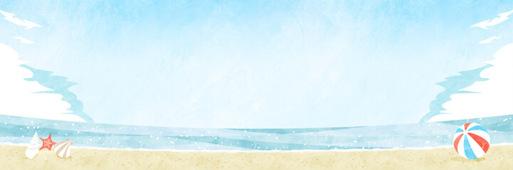 夏の海の水彩バナー背景 砂浜の貝殻とビーチボールの風景イラスト
