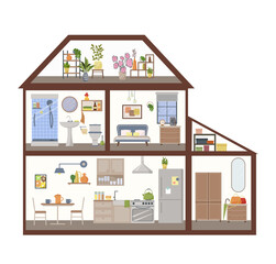 Sectional dollhouse. Furnished rooms with furnishings. Hallway with wardrobe and mirror. Kitchen with furniture and utensils. Bathroom with shower. Bedroom with bed and window. Greenhouse and attic