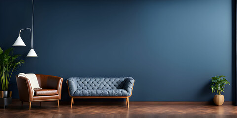 Living room with leather armchair on empty dark blue wall background
