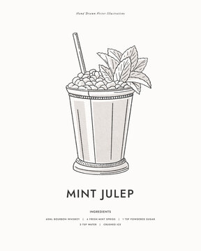 Mint Julep. An alcoholic cocktail made from bourbon and mint. Popular cocktail with crushed ice. Illustration for drinks cards, bar and wedding menus, cards and website graphics.