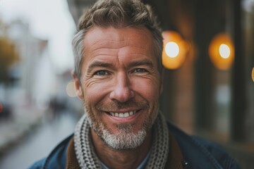 Portrait of handsome middle-aged man smiling at camera outdoors. - obrazy, fototapety, plakaty