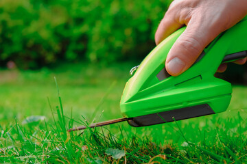 electric trimmer in a mans hand close-up cuts the grass. process of cutting grass close-up.Garden equipment and tools. - obrazy, fototapety, plakaty