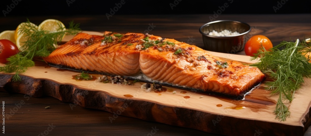 Canvas Prints fresh salmon fillet neatly placed on a wooden cutting board, accompanied by ripe red tomatoes