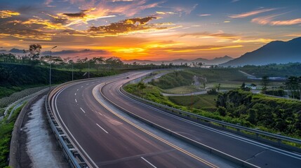 Empty highway asphalt road and beautiful sky sunset landscape - obrazy, fototapety, plakaty
