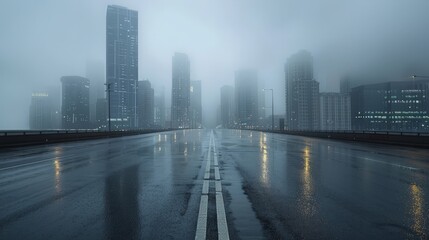 Empty wet asphalt road with foggy city skyline background , raining day .