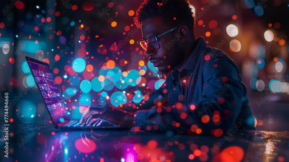 Wall mural futuristic iot concept: man coding on laptop and tablet, symbolizing digital innovation in software 