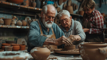 A warm and rustic pottery workshop where senior citizens are deeply engaged in the craft of pottery making. 