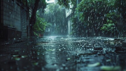 Rain is falling heavily due to sudden thunderstorms and summer storms, causing the downpours to not be able to drain quickly into the sewers, - obrazy, fototapety, plakaty