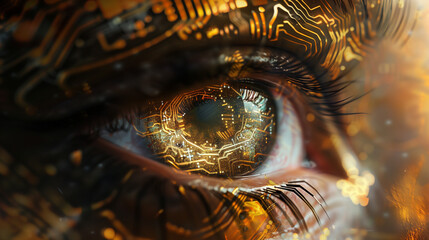 A close-up of an eye, which is intricately overlaid with the golden patterns of a circuit board.