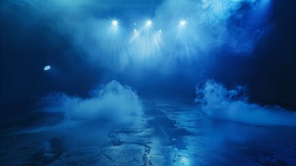 The dark stage shows, dark blue background, an empty dark scene, neon light, spotlights The asphalt floor and studio room