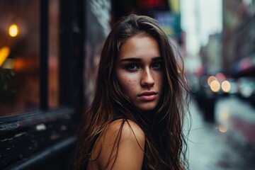 Portrait of a beautiful young woman with long hair in the city