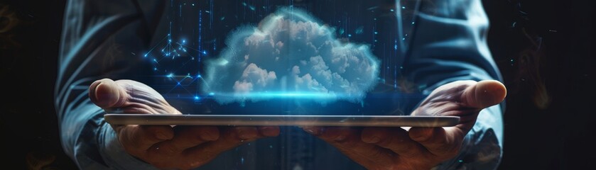 In a modern visual narrative, hands are shown clutching a transparent tablet projecting a 3D cloud structure, emblematic of the universal accessibility of cloud computing. - obrazy, fototapety, plakaty
