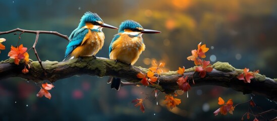 Two small birds sitting on a thin branch covered with green leaves, with gentle rain falling around them - obrazy, fototapety, plakaty