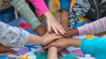 Vividly portraying diversity and cooperation, this stock image zooms in on a close-up shot of students' hands in an inclusive classroom environment, working together on a project.
