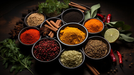 spices and herbs on black background