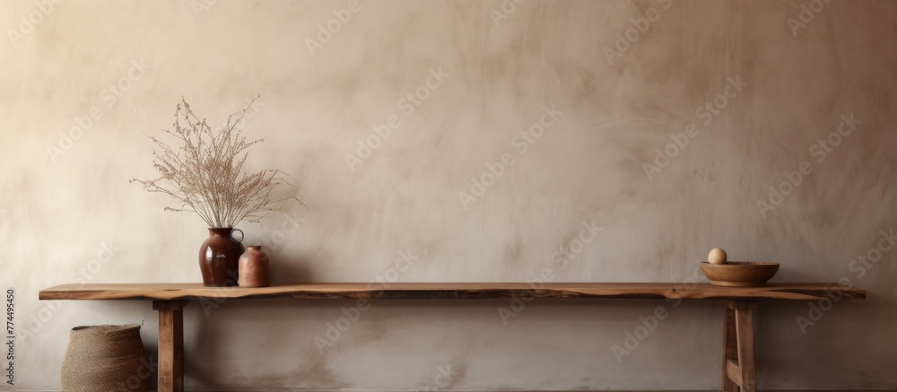 Poster the image shows a simple wooden table featuring a vase and another vase placed on top of it.