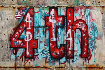 An edgy 4th of July card showcasing the number "4th" in bold, graffiti-style digits filled with an urban-inspired spray paint pattern, against a gritty concrete backdrop