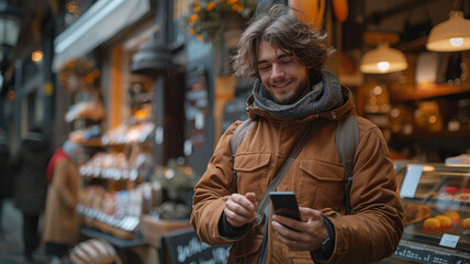Fototapeta premium Happy man holding smartphone with social media interface,generative ai