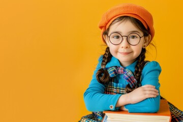 Child dressed as a teacher on a bright background.