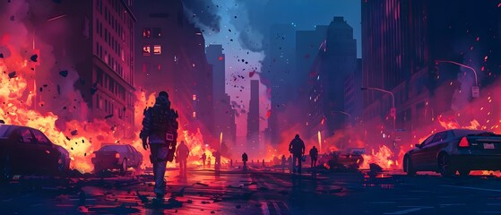 A scene of civil unrest with rioters causing chaos and setting fires in city streets. Concept Civil Unrest, Rioters, Chaos, City Streets, Fires - obrazy, fototapety, plakaty