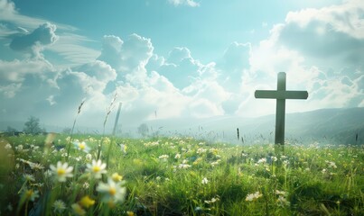 The Cross of Jesus Christ and beautiful clouds. Cross in a meadow with copy space - obrazy, fototapety, plakaty
