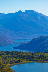 Lake Martin and Lake Steffen Route 40 Patagonia Argentina from viewpoint sunny day and cloudless sky.