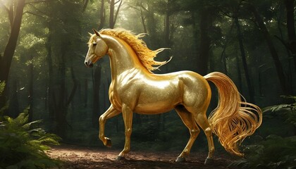 A Golden Horse With A Shimmering Tail Weaving Its
