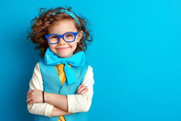 Child dressed as a teacher on a bright background. - obrazy, fototapety, plakaty