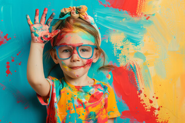 Child dressed as an artist on a bright background. - obrazy, fototapety, plakaty