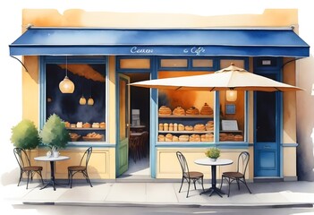 watercolor painting Charming Europeanstyle cafe wi (2) - obrazy, fototapety, plakaty