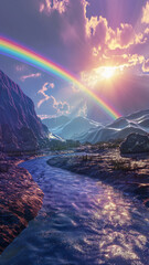 Dramatic landscape with rainbow over a river at sunset.