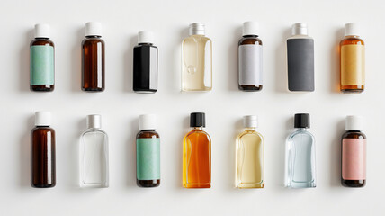 Assorted cosmetic bottles with modern labels.