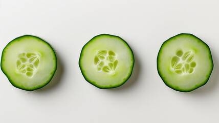 Sliced cucumber pieces arranged on a white surface.