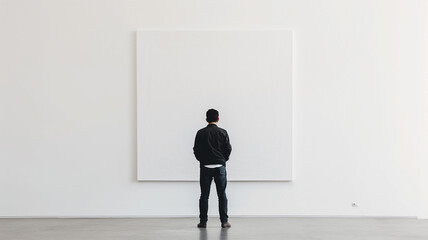 A person in black attire stands before a large blank canvas in a gallery. - obrazy, fototapety, plakaty