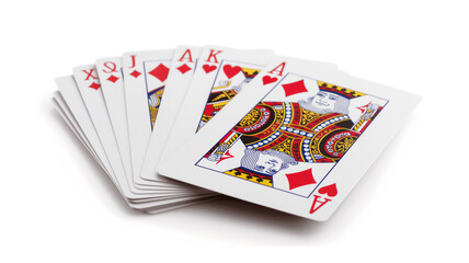 A fan of playing cards with face cards up on white.