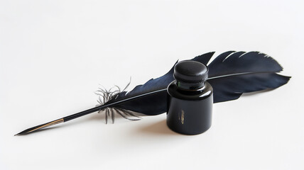 Quill and ink bottle on a clean white background.