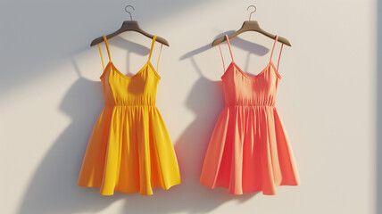 Two summer dresses on hangers casting shadows.