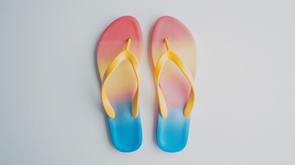 Gradient colored flip-flops aligned on a white surface.