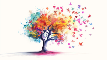 Obraz na płótnie Canvas Vibrant tree with colorful leaves dispersing on white.