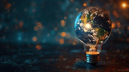 Earth hour, ecology and environment concept. Blue planet Earth in space in a glowing light bulb on represents Earth Day in a romantic way.
