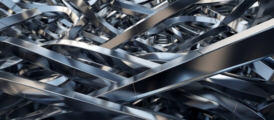 The close-up image showcases an intricate metal structure with a variety of shapes like triangles, circles, squares, and more